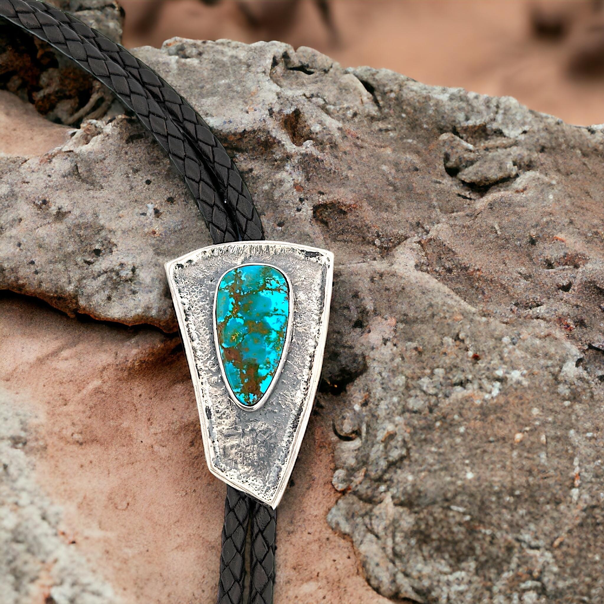Artisan Sterling Silver Bolo Tie Tufa-Cast Kingman Turquoise with Coral Ends