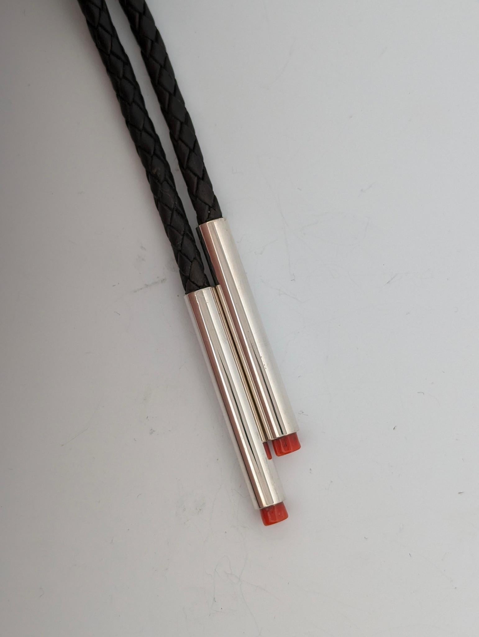 Sterling Silver Bolo Tie Tufa-Cast Kingman Turquoise with Coral Ends In New Condition In Greeneville, TN