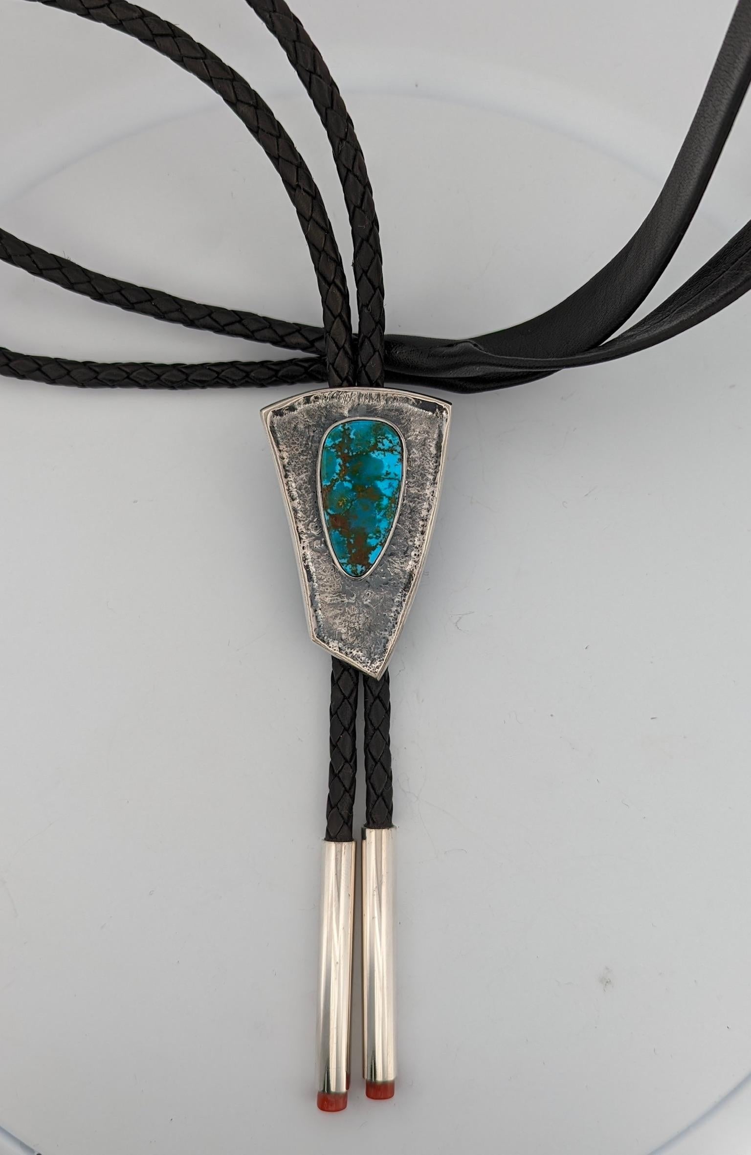 Sterling Silver Bolo Tie Tufa-Cast Kingman Turquoise with Coral Ends 2