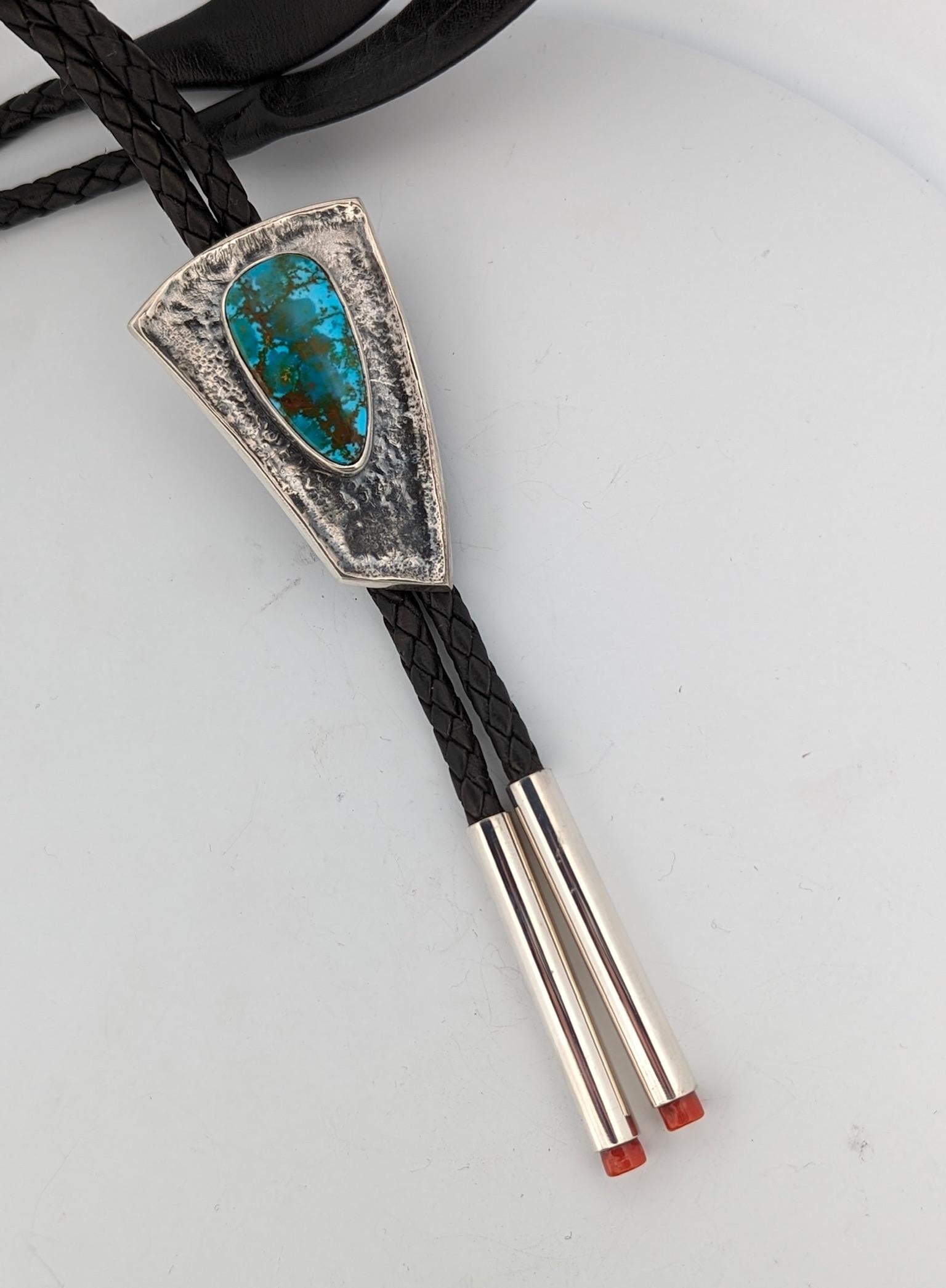 Sterling Silver Bolo Tie Tufa-Cast Kingman Turquoise with Coral Ends 3