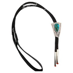 Sterling Silver Bolo Tie Tufa-Cast Kingman Turquoise with Coral Ends