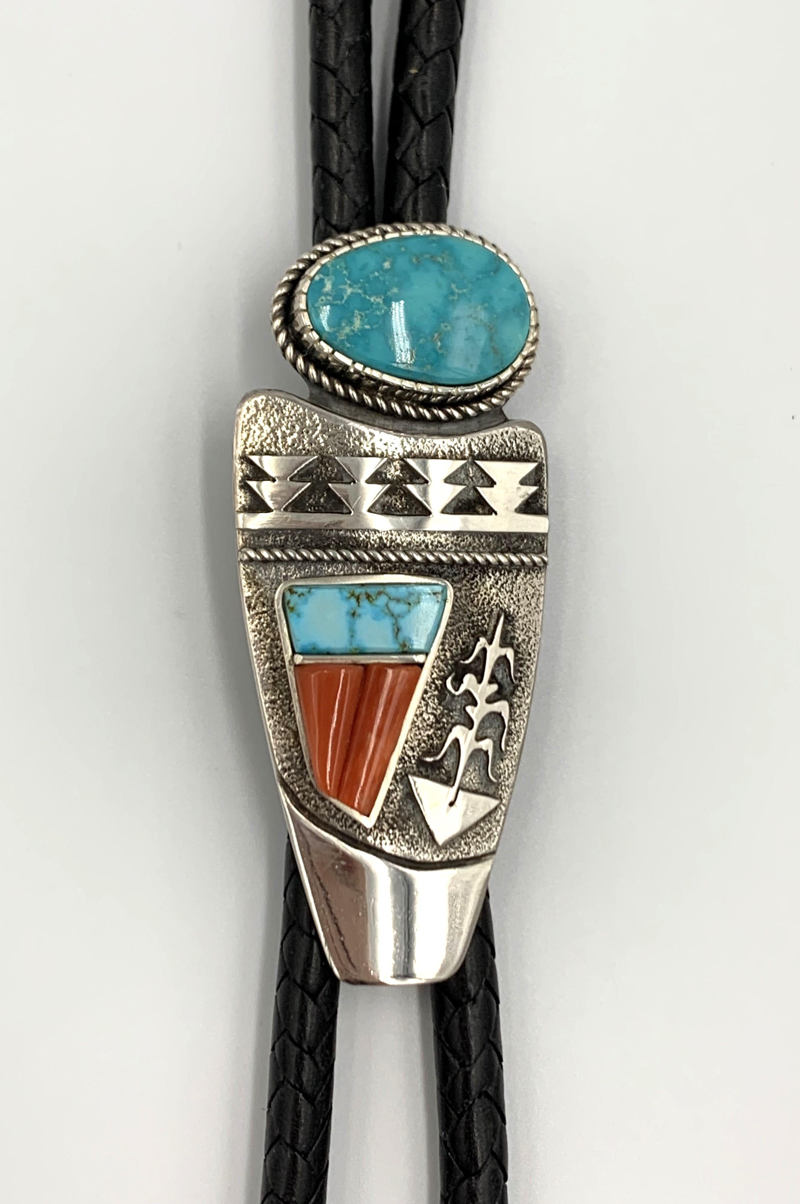 Bolo tie with Pilot Mountain cabochon, Blue Gem turquoise & coral overlay For Sale 5