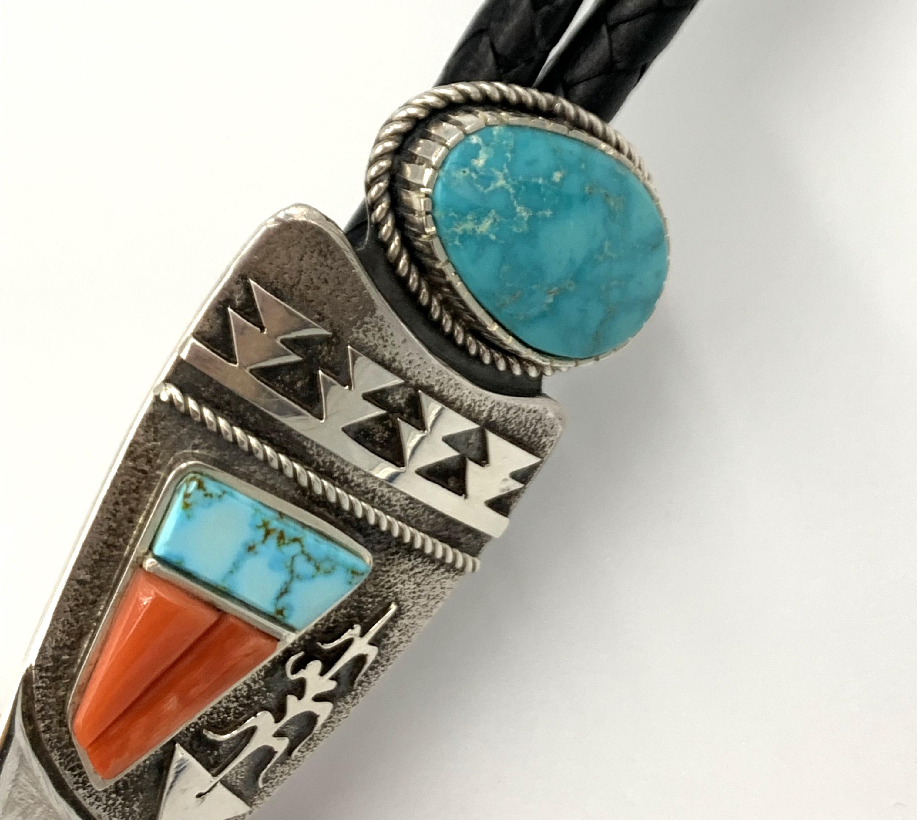 Bolo tie with Pilot Mountain cabochon, Blue Gem turquoise & coral overlay For Sale 7