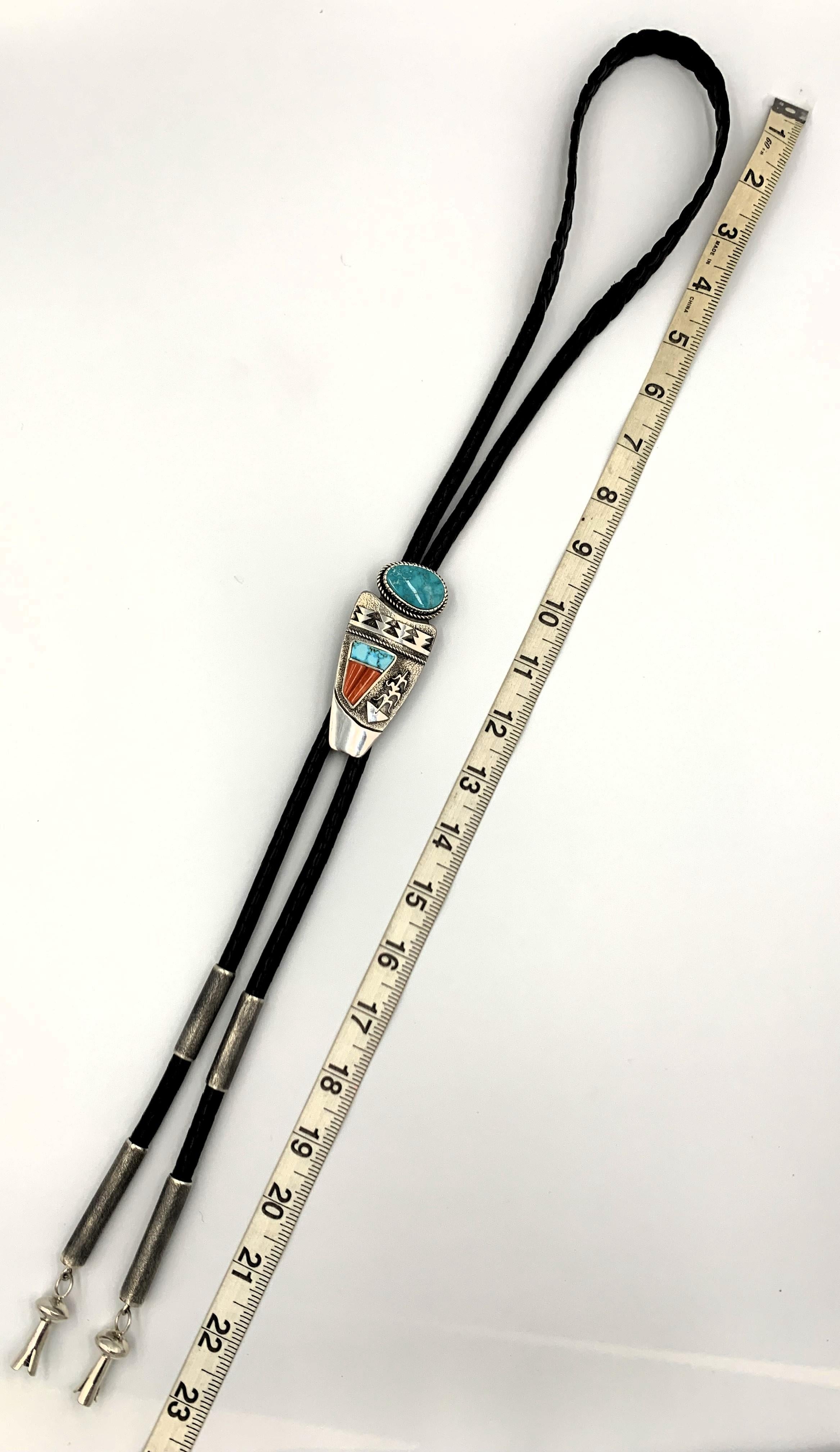 Bolo tie with Pilot Mountain cabochon, Blue Gem turquoise & coral overlay For Sale 8