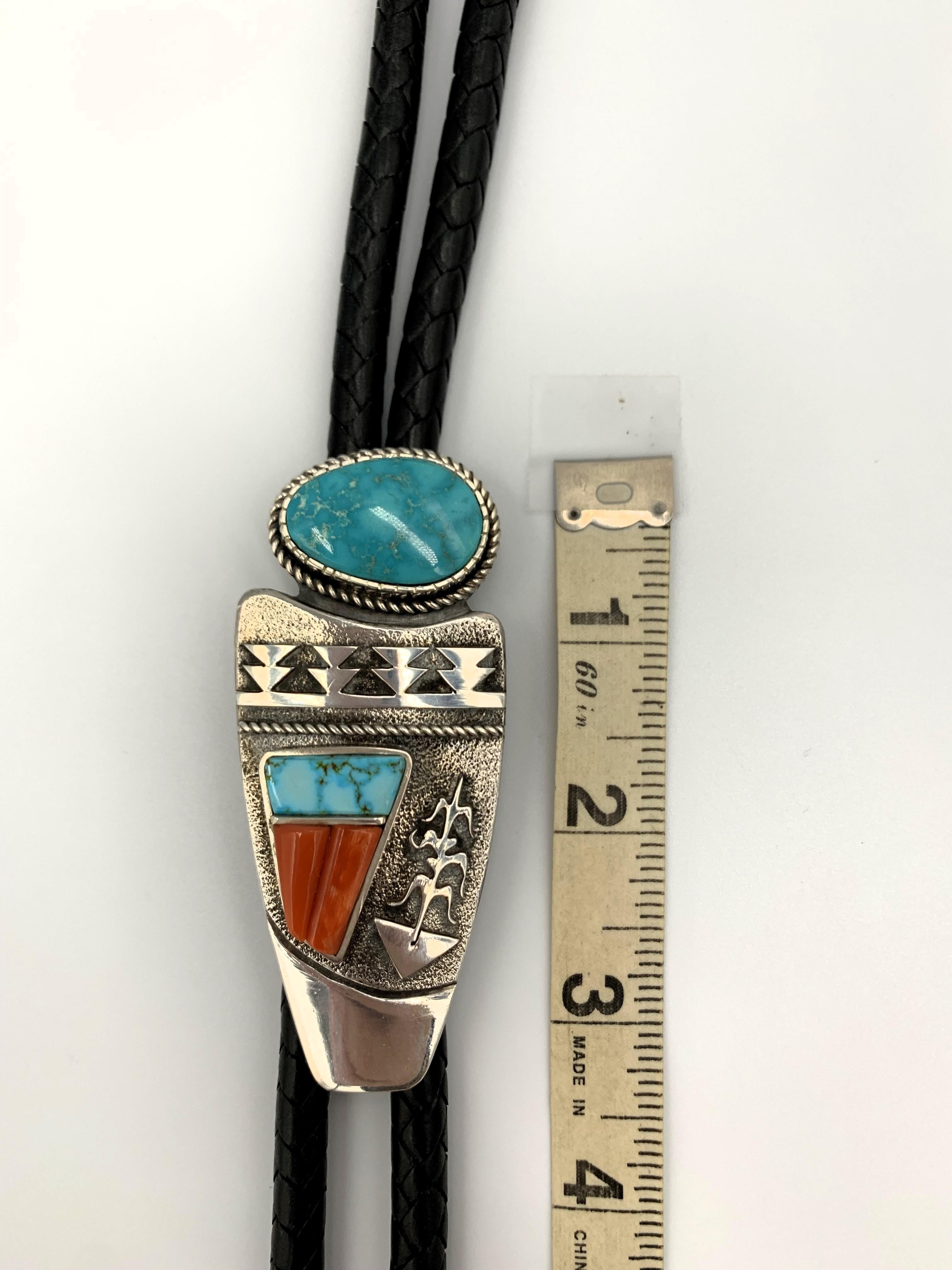 Bolo tie with Pilot Mountain cabochon, Blue Gem turquoise & coral overlay For Sale 9