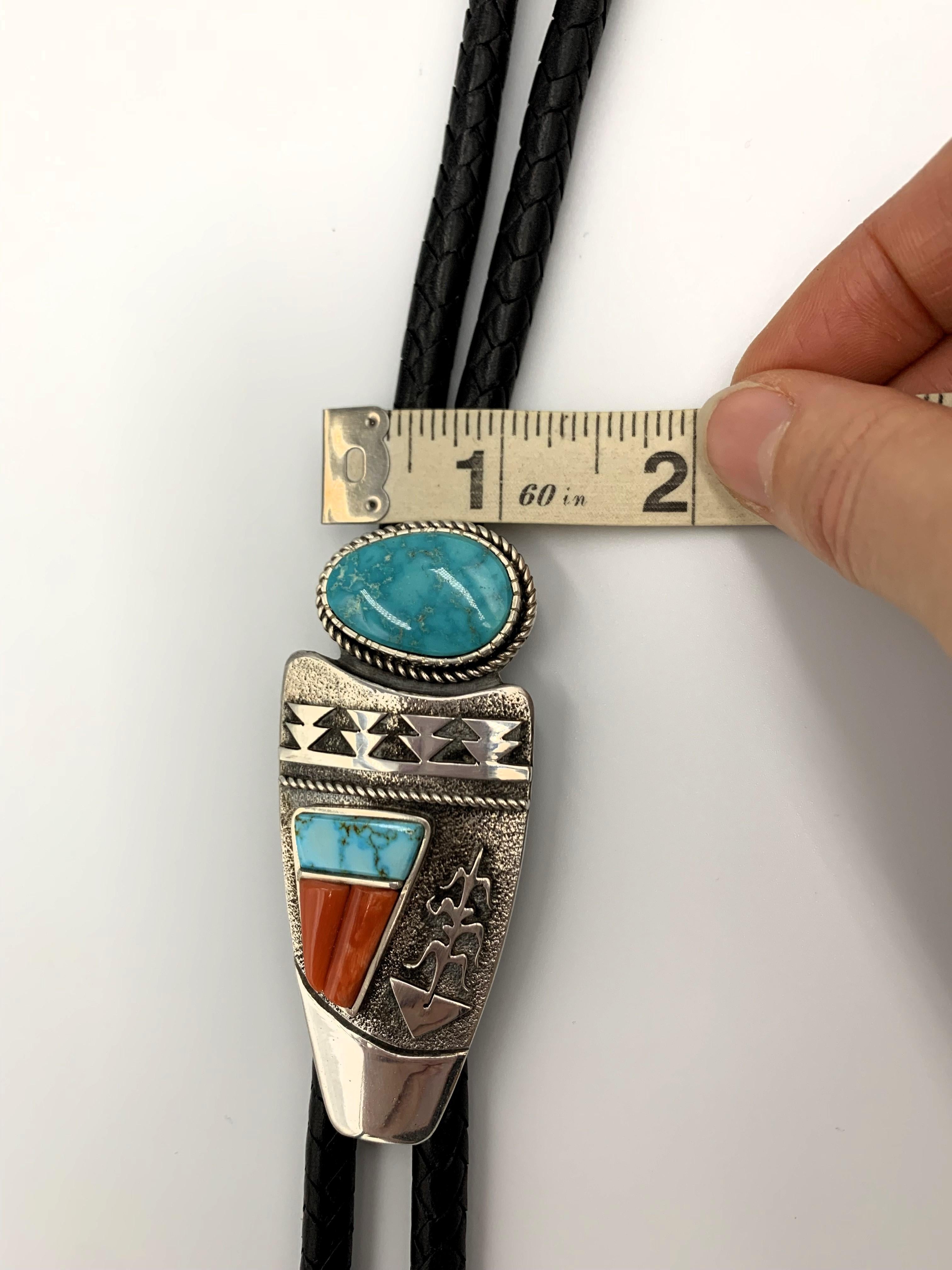 Bolo tie with Pilot Mountain cabochon, Blue Gem turquoise & coral overlay For Sale 9