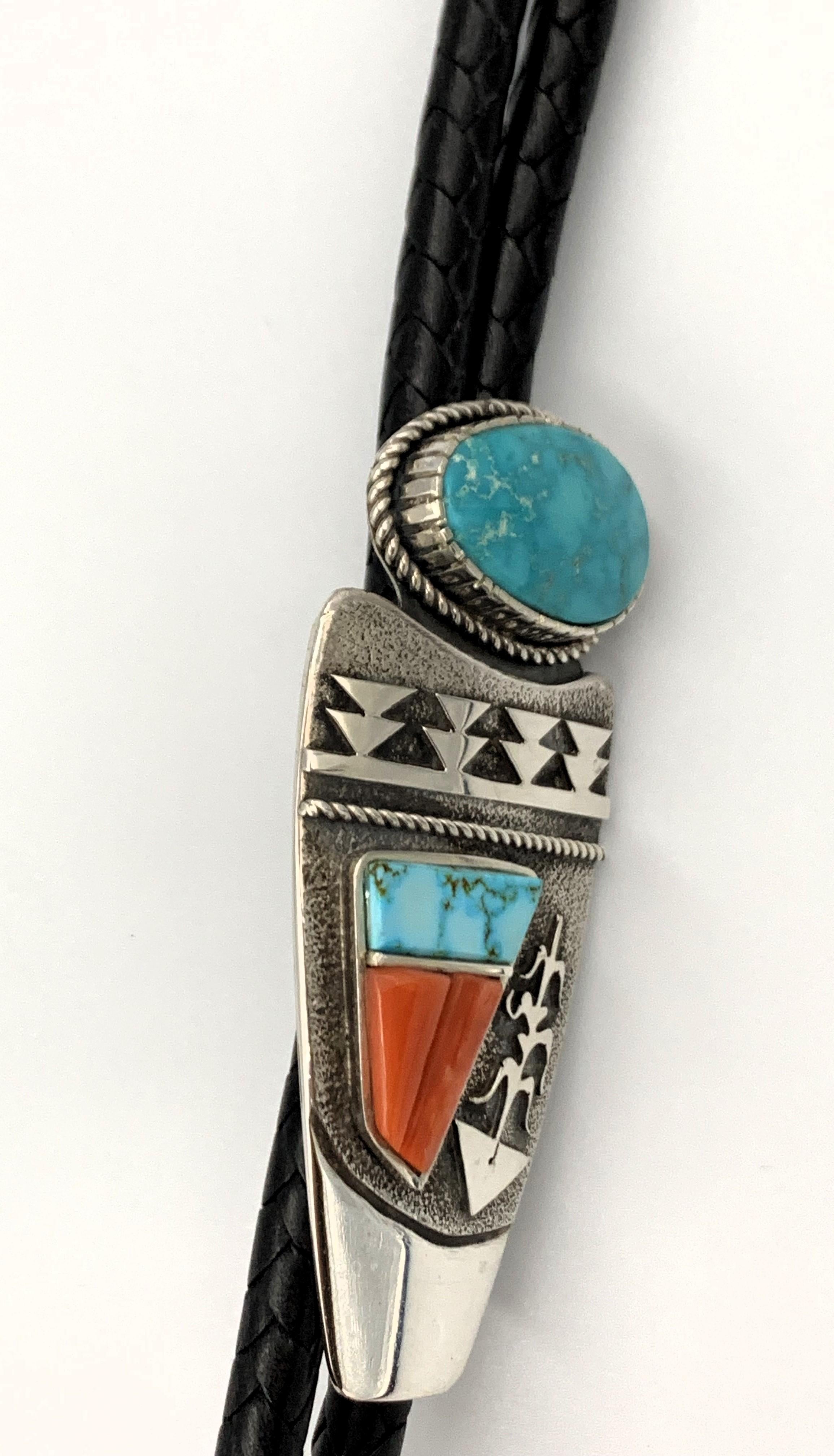 Native American Bolo tie with Pilot Mountain cabochon, Blue Gem turquoise & coral overlay For Sale