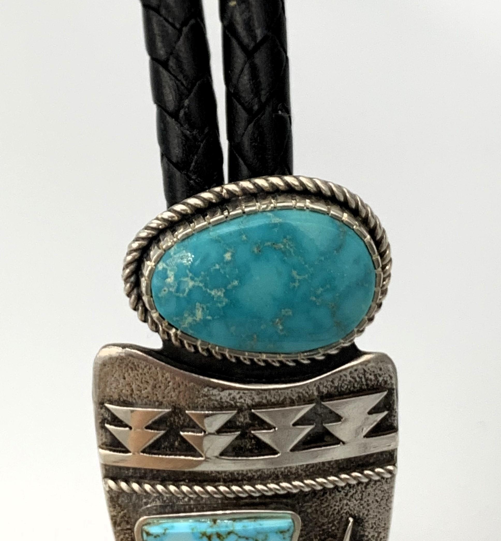 Native American Bolo tie with Pilot Mountain cabochon, Blue Gem turquoise & coral overlay For Sale