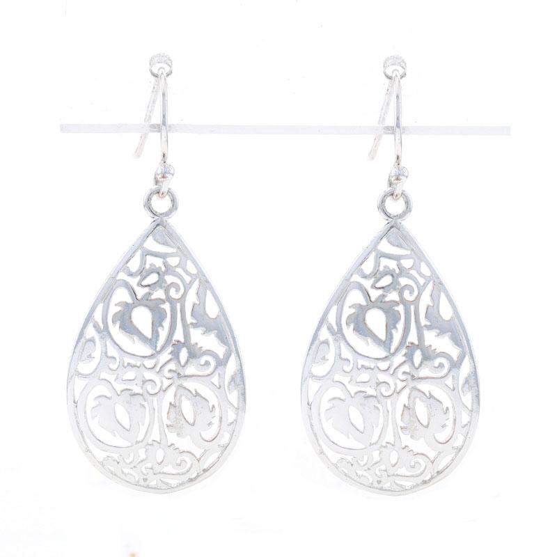 Metal Content: 925 Sterling Silver

Style: Dangle 
Fastening Type: Fishhook Closures
Theme: Botanical Scroll 
Features:  Curved, teardrop silhouette with open cut detailing

Measurements

Tall: 1 19/32