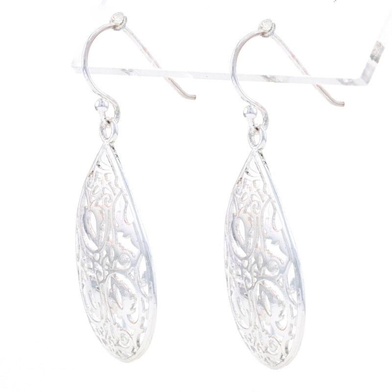 Sterling Silver Botanical Scroll Dangle Earrings - 925 Teardrop Pierced In Excellent Condition For Sale In Greensboro, NC
