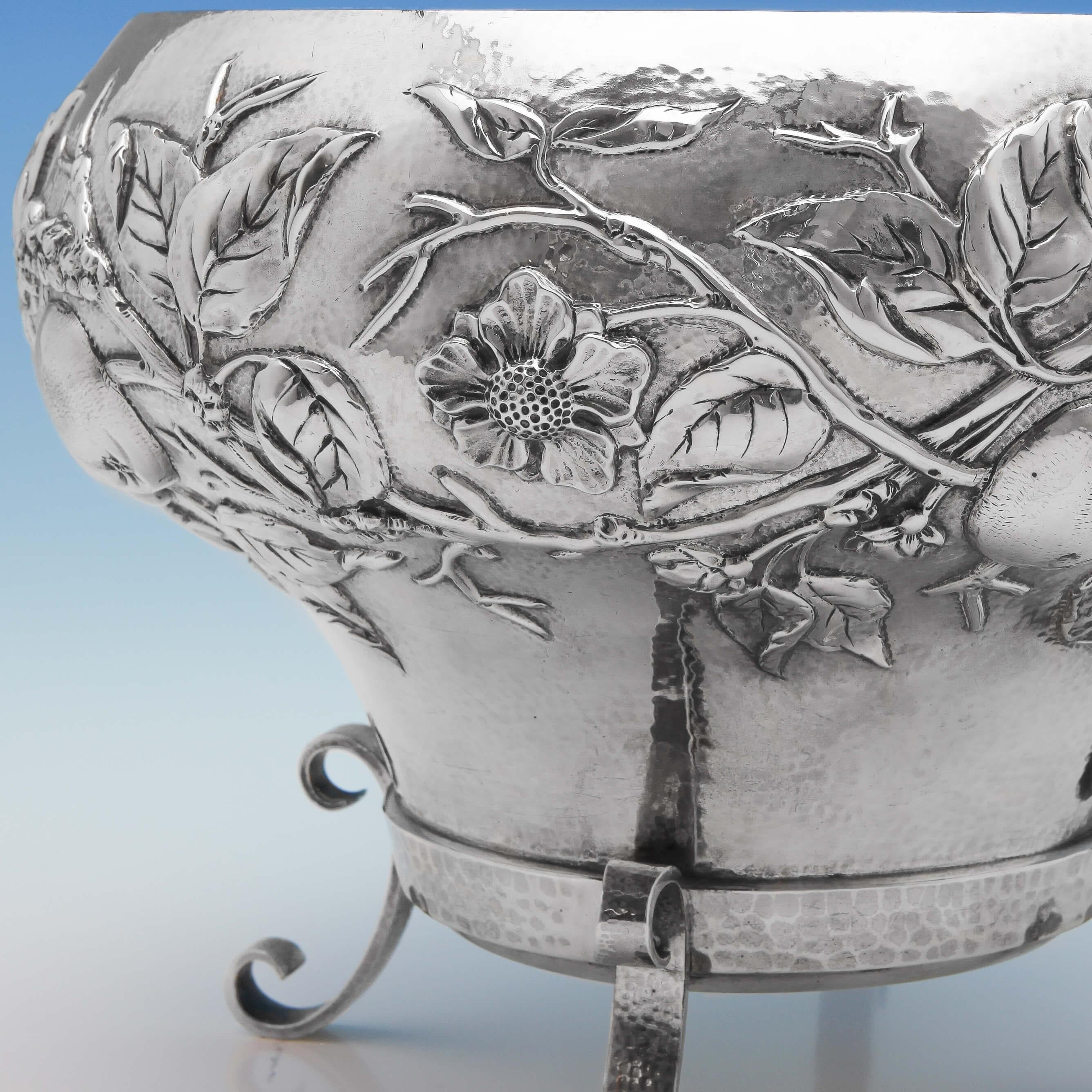 Hallmarked in London in 1902 by Walker & Tolhurst, this superb Antique, sterling silver bowl or centrepiece, is a design attributed to Latino Movio and clearly influenced by the work of celebrated designer Gilbert Marks, to whom Movio is believed to