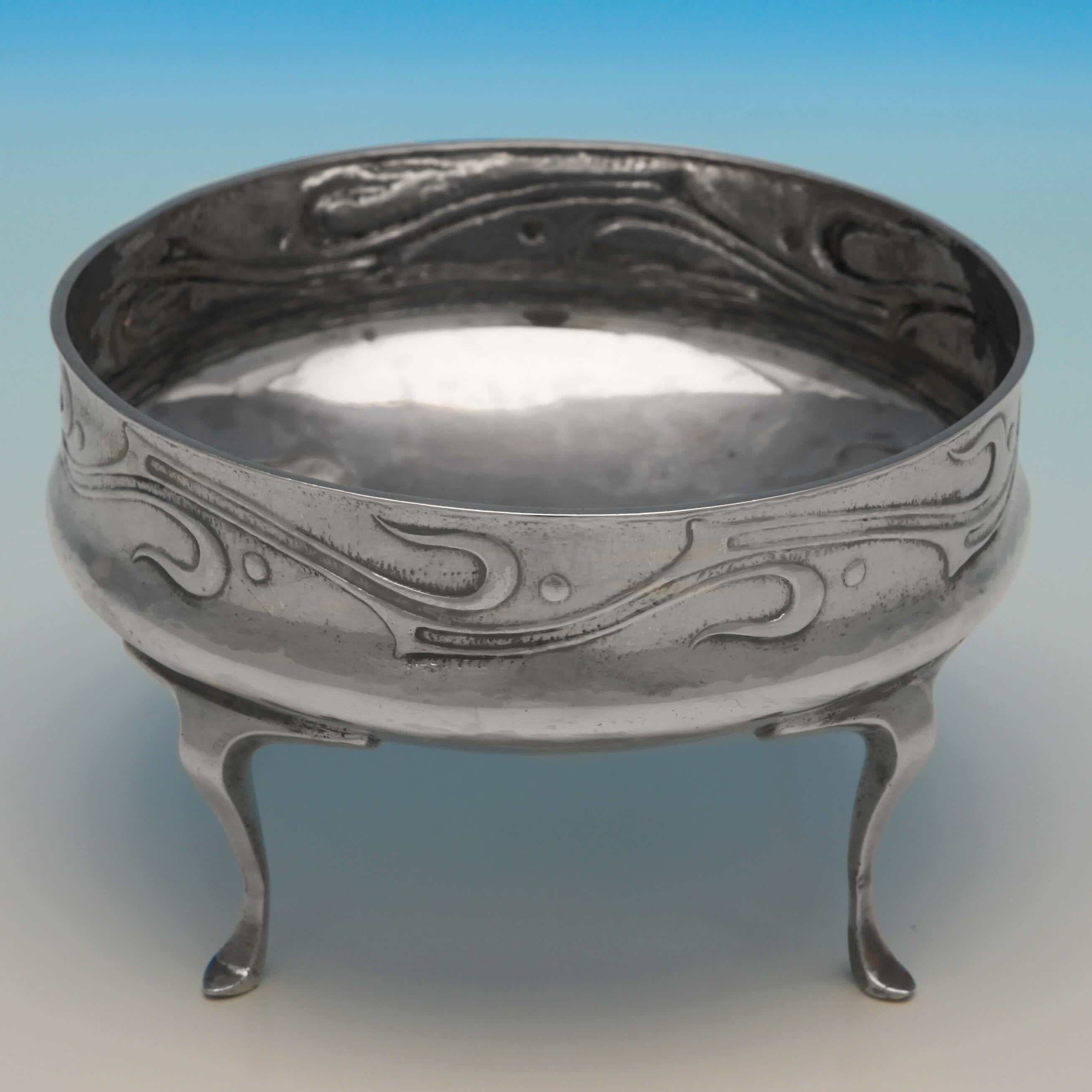 Hallmarked in London in 1900 by Liberty & Co. This fantastic and collectible Antique, Edwardian Sterling Silver Bowl, is a design attributed to Archibald Knox entitled 'The Maya', and is an early part of the Cymric range of silver he designed for
