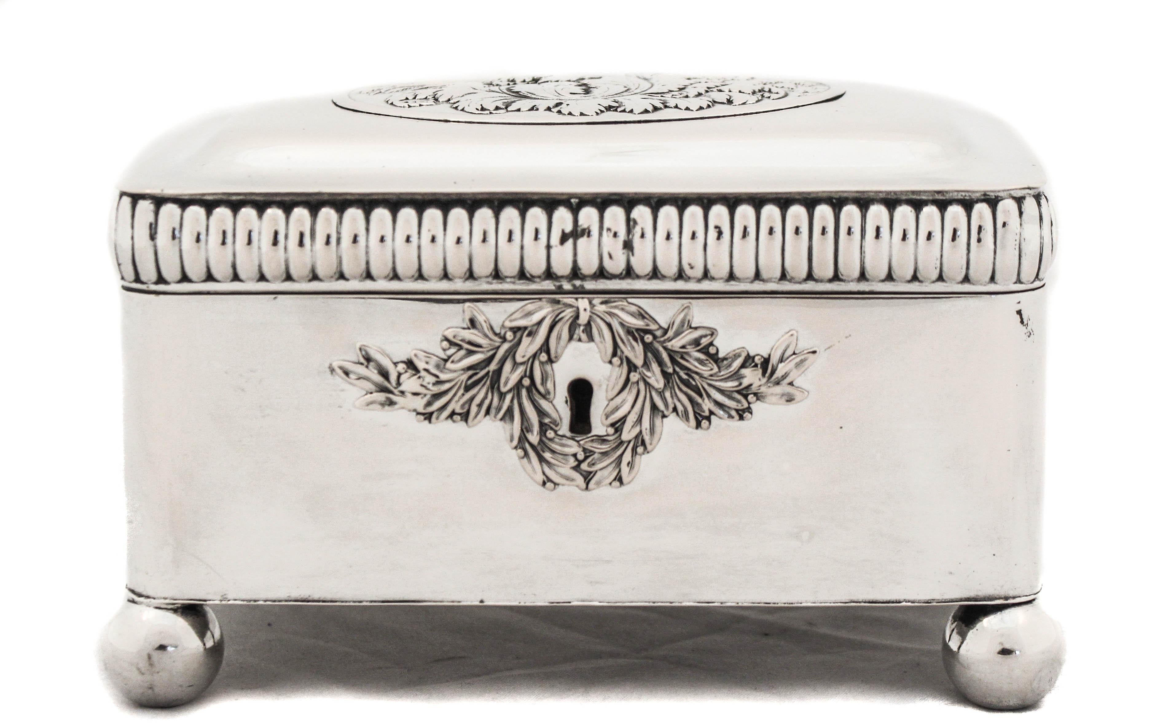 We are delighted to offer you this sterling silver box made in the early 20th century in Austria.  It has four balls/feet, one on each corner and is lifted off the surface.  It has a raised wreath around the keyhole and on the lid a lovely floral