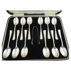 Sterling Silver Box of 12 Hanoverian Teaspoons & Tongs  Hallmark:-B`Ham, 1930