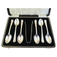 Antique Sterling Silver  Box of 6  PRETTY TEASPOONS & TONGS  Hallmarked:- Sheffield 1924