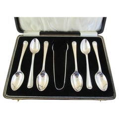 Sterling Silver  Box of 6  PRETTY TEASPOONS & TONGS  Hallmarked:- Sheffield 1924