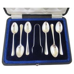 Antique Sterling Silver Box of 6 RAT-TAIL TEASPOONS + TONGS Hallmarked:-SHEFFIELD 1918