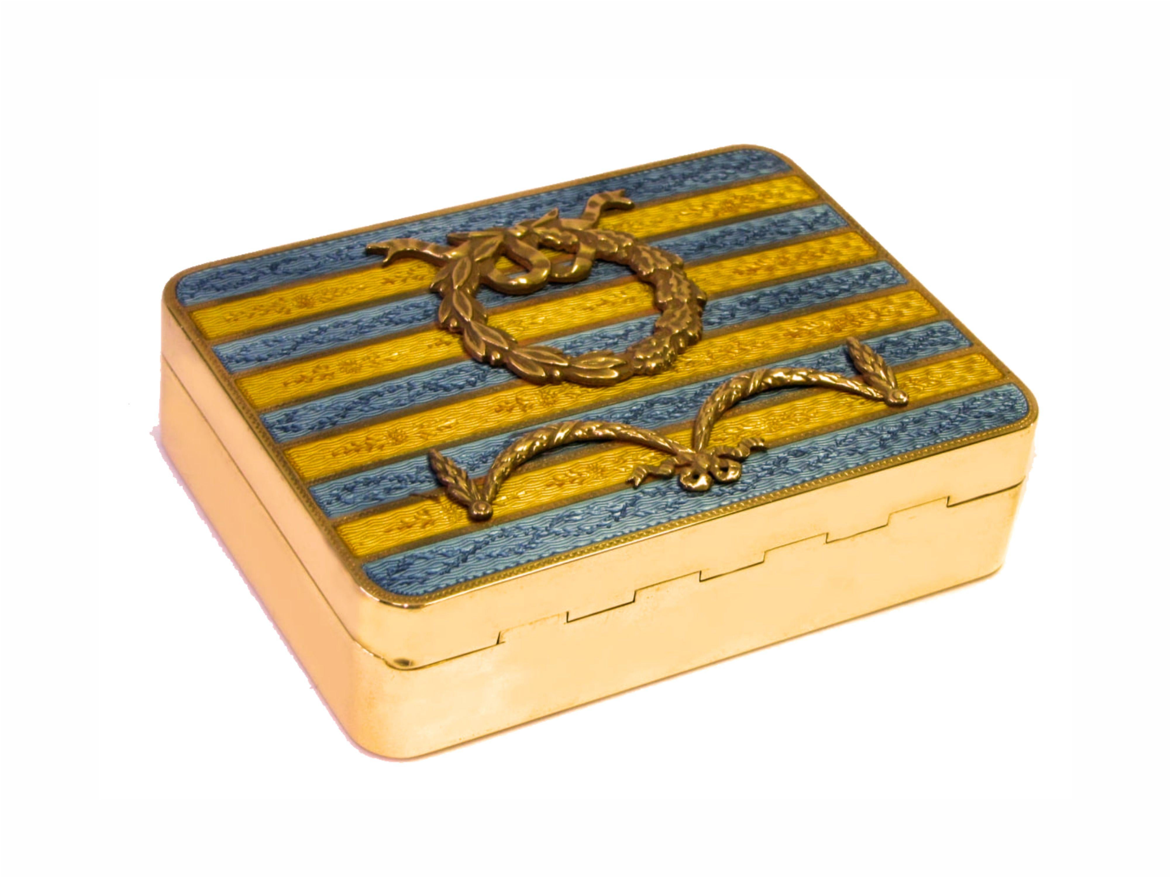 Sterling silver Jewel box with Rectangular rounded corners gold plated with translucent fire enamel stripes on guilloche and hand engraved with late Russian Empire style ornament applications. With “lost” hinge, that is semi-invisible. Measure cm. 8