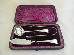 Sterling Silver - Boxed Butter Knife, Sifter Spoon & Sugar Tongs - London 1889