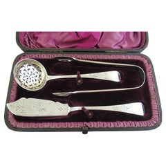 Antique Sterling Silver - Boxed Butter Knife, Sifter Spoon & Sugar Tongs - London 1889