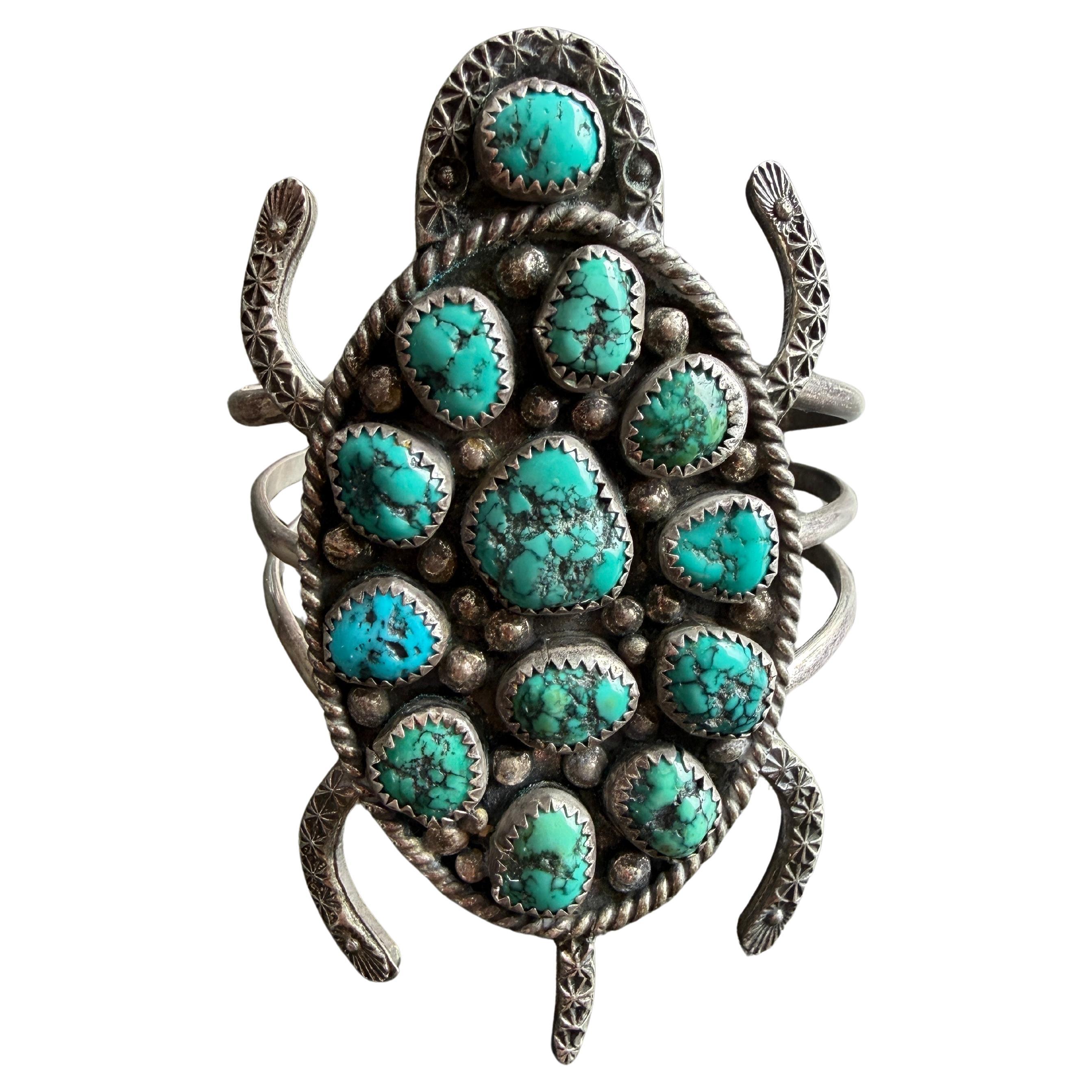 Sterling Silver Bracelet Cuff Pawn Southwestern Navajo Turtle Turquoise en venta