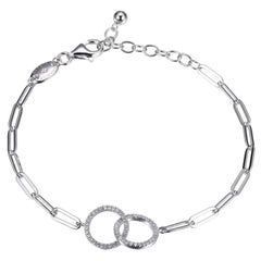 Sterling Silver Bracelet Paperclip Chain (3mm) 2 CZ Circles, Rhodium Finish