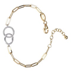 Sterling Silver Bracelet Paperclip Chain (3mm) 2 CZ Circles, Yellow Gold Finish