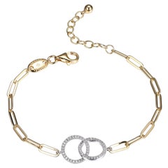 Sterling Silver Bracelet Paperclip Chain (3mm) 2 CZ Circles, Yellow Gold Finish