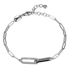 Sterling Silver Bracelet Paperclip Chain (3mm) 2 CZ Links, Rhodium Finish