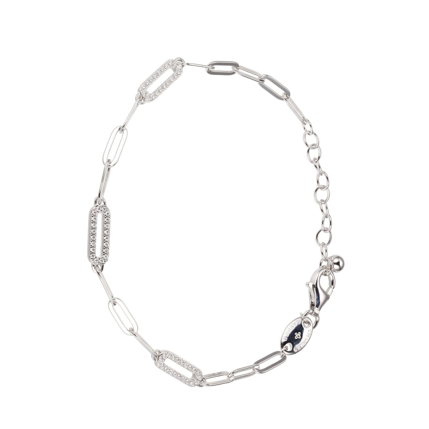 Sterling Silver Bracelet made with Paperclip Chain (3mm) and 3 CZ Link Stations, Measures 6.75