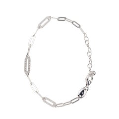 Sterling Silver Bracelet Paperclip Chain (3mm) 3 CZ Link, Rhodium Finish