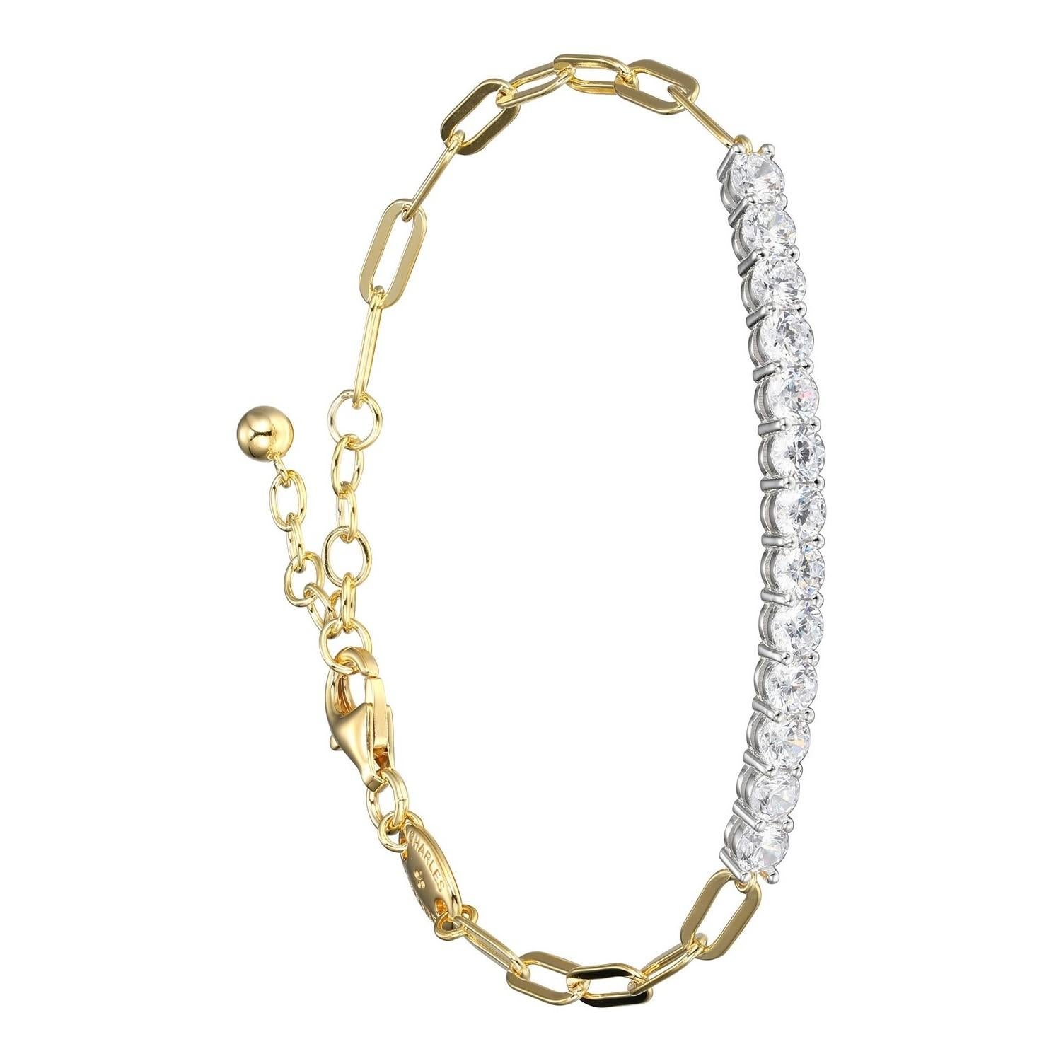Modern Sterling Silver Bracelet, Paperclip Chain (3mm) and CZ, 18K Yellow Gold Finish For Sale
