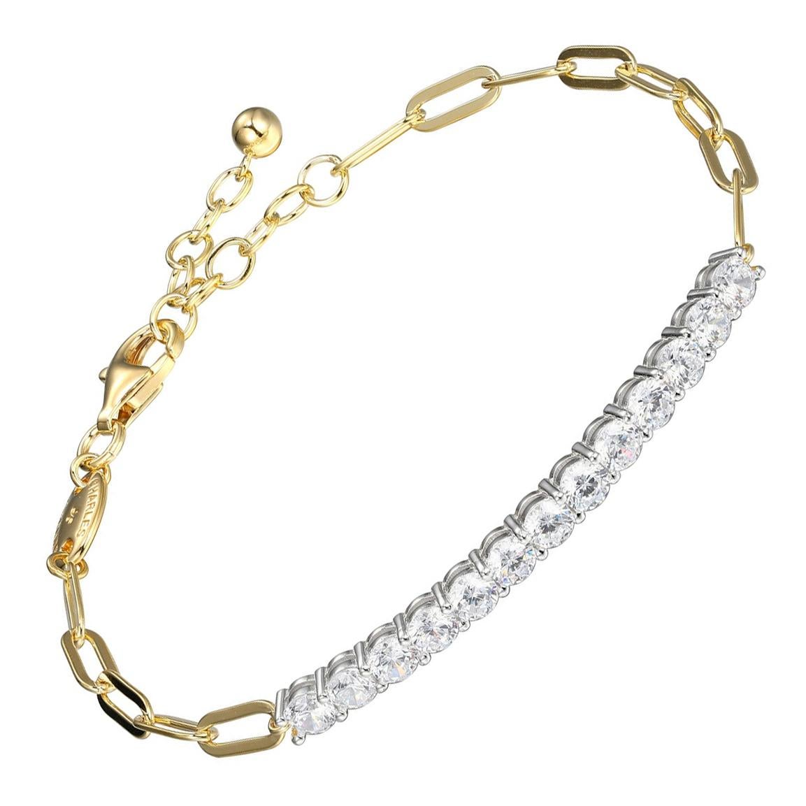 Sterling Silver Bracelet, Paperclip Chain (3mm) and CZ, 18K Yellow Gold Finish For Sale