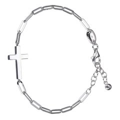 Sterling Silver Bracelet Paperclip Chain (3mm) Cross in Center, Rhodium Finish