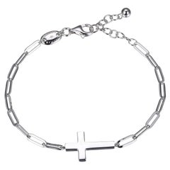 Sterling Silver Bracelet Paperclip Chain (3mm) Cross in Center, Rhodium Finish