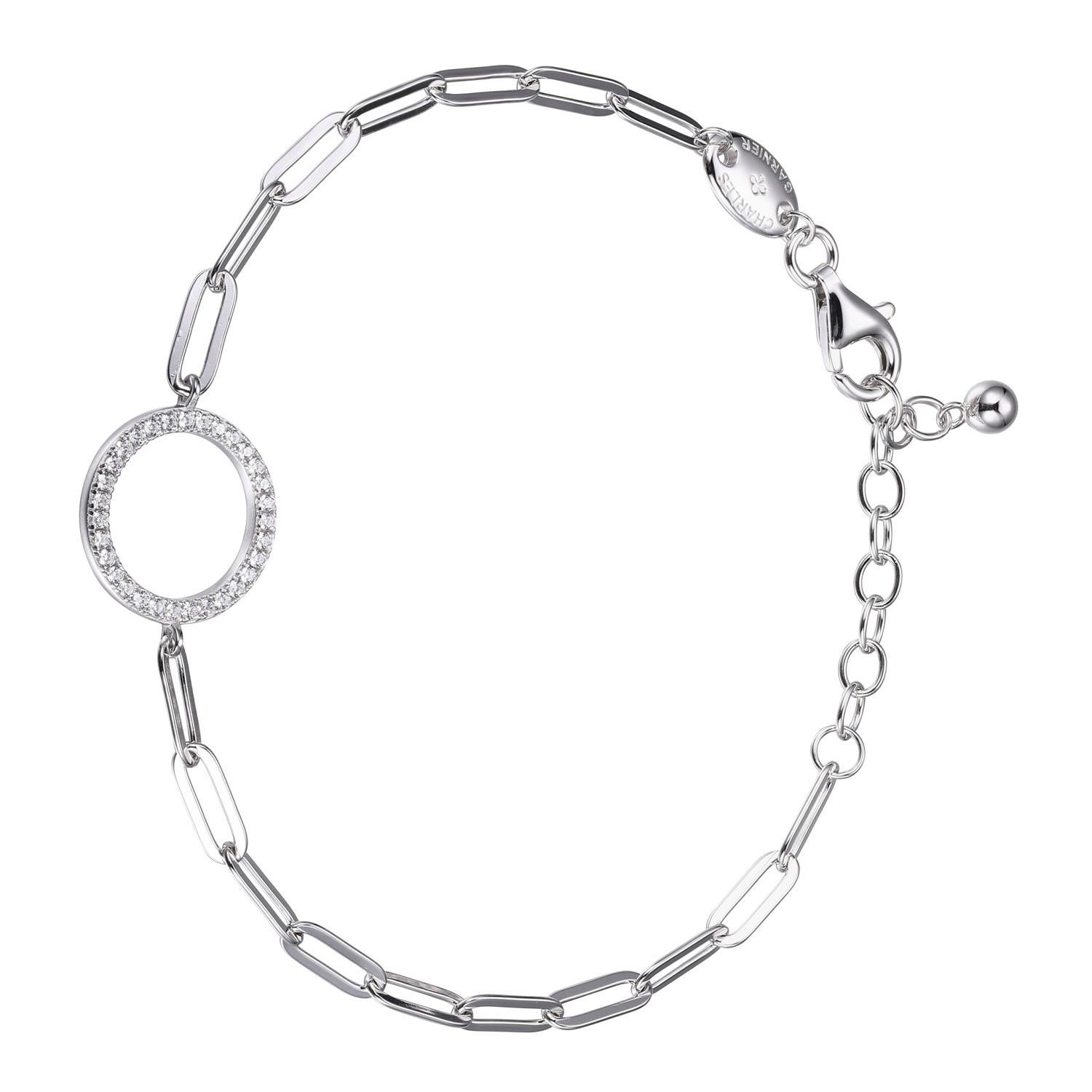 Sterling Silver Bracelet made with Paperclip Chain (3mm) and CZ Circle (15mm) in Center, Measures 6.75