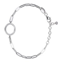 Sterling Silver Bracelet Paperclip Chain (3mm) CZ Circle (15mm), Rhodium Finish