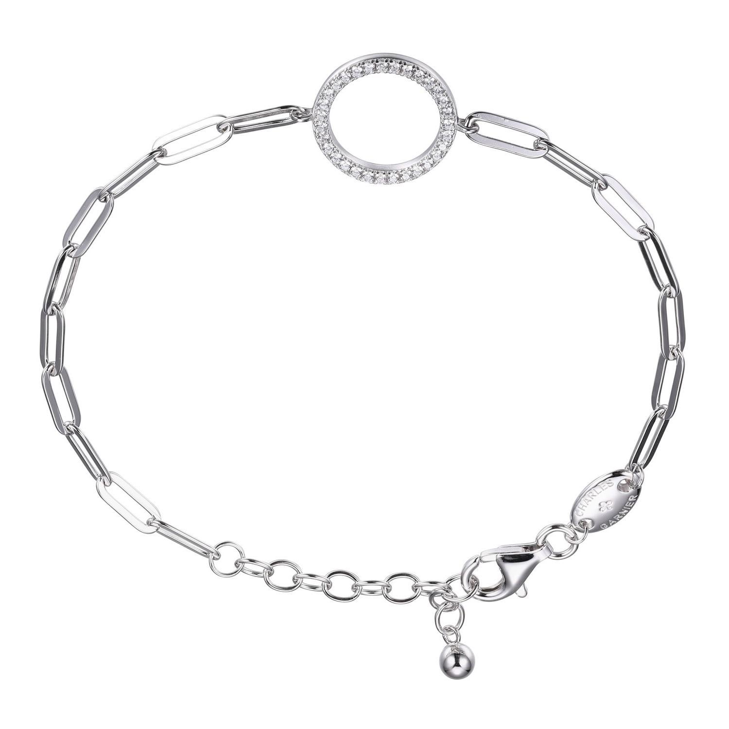 Modern Sterling Silver Bracelet Paperclip Chain (3mm) CZ Circle (15mm), Rhodium Finish For Sale