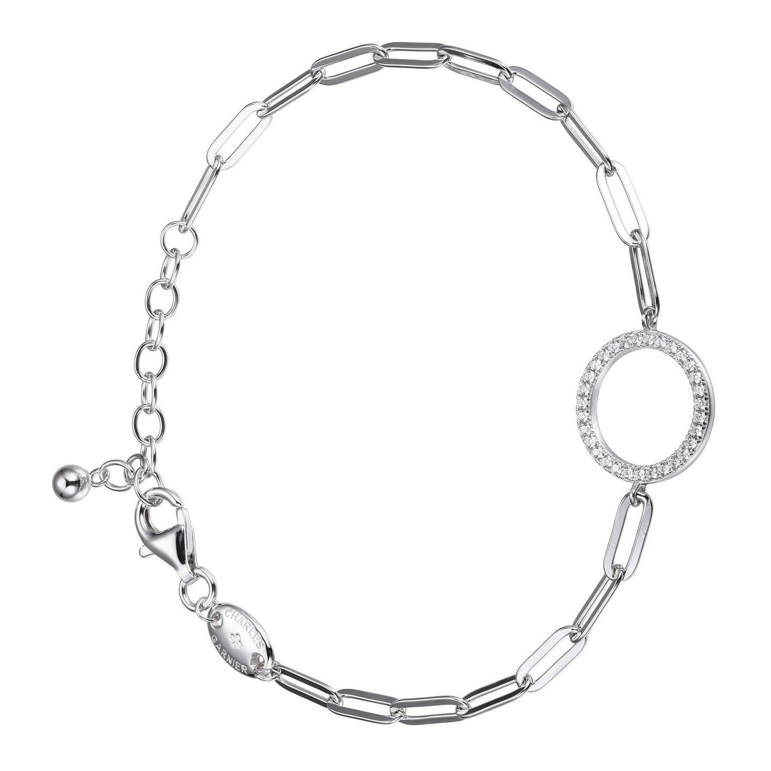Round Cut Sterling Silver Bracelet Paperclip Chain (3mm) CZ Circle (15mm), Rhodium Finish For Sale