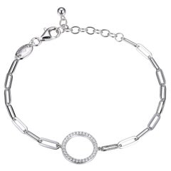 Sterling Silver Bracelet Paperclip Chain (3mm) CZ Circle (15mm), Rhodium Finish