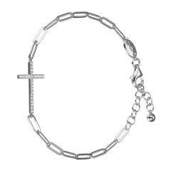 Sterling Silver Bracelet Paperclip Chain (3mm) CZ Cross Center, Rhodium Finish