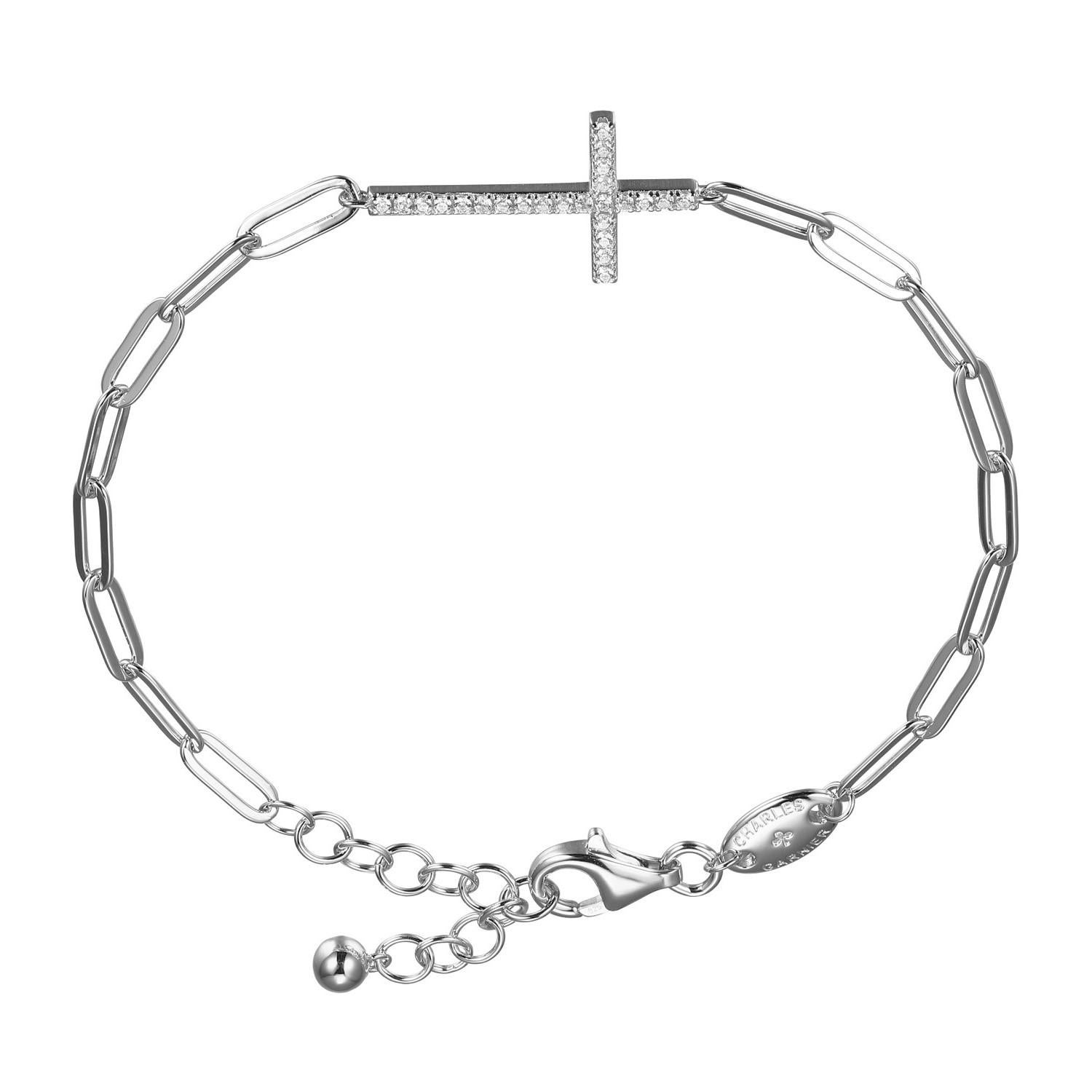 Modern Sterling Silver Bracelet Paperclip Chain (3mm) CZ Cross Center, Rhodium Finish For Sale