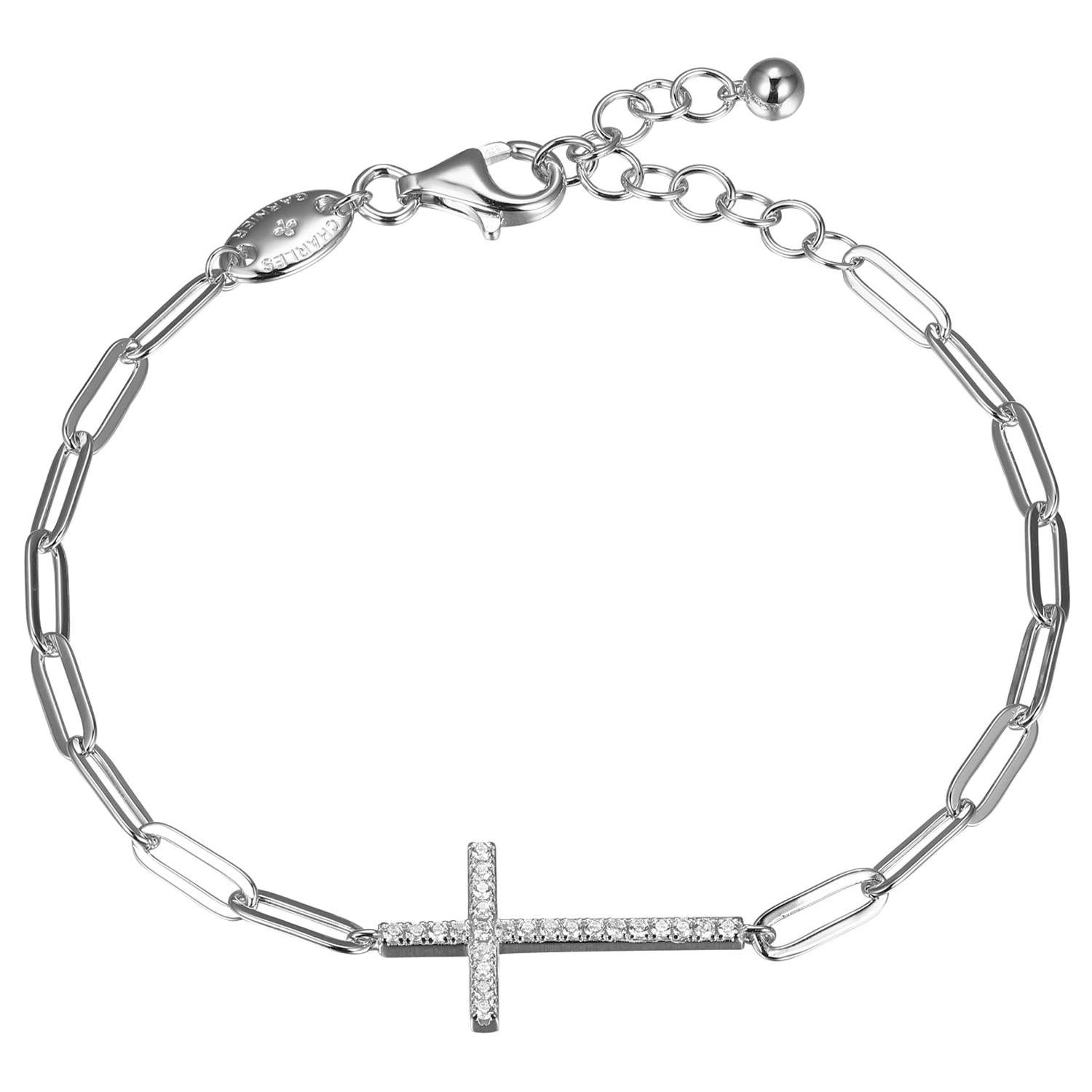 Sterling Silver Bracelet Paperclip Chain (3mm) CZ Cross Center, Rhodium Finish For Sale