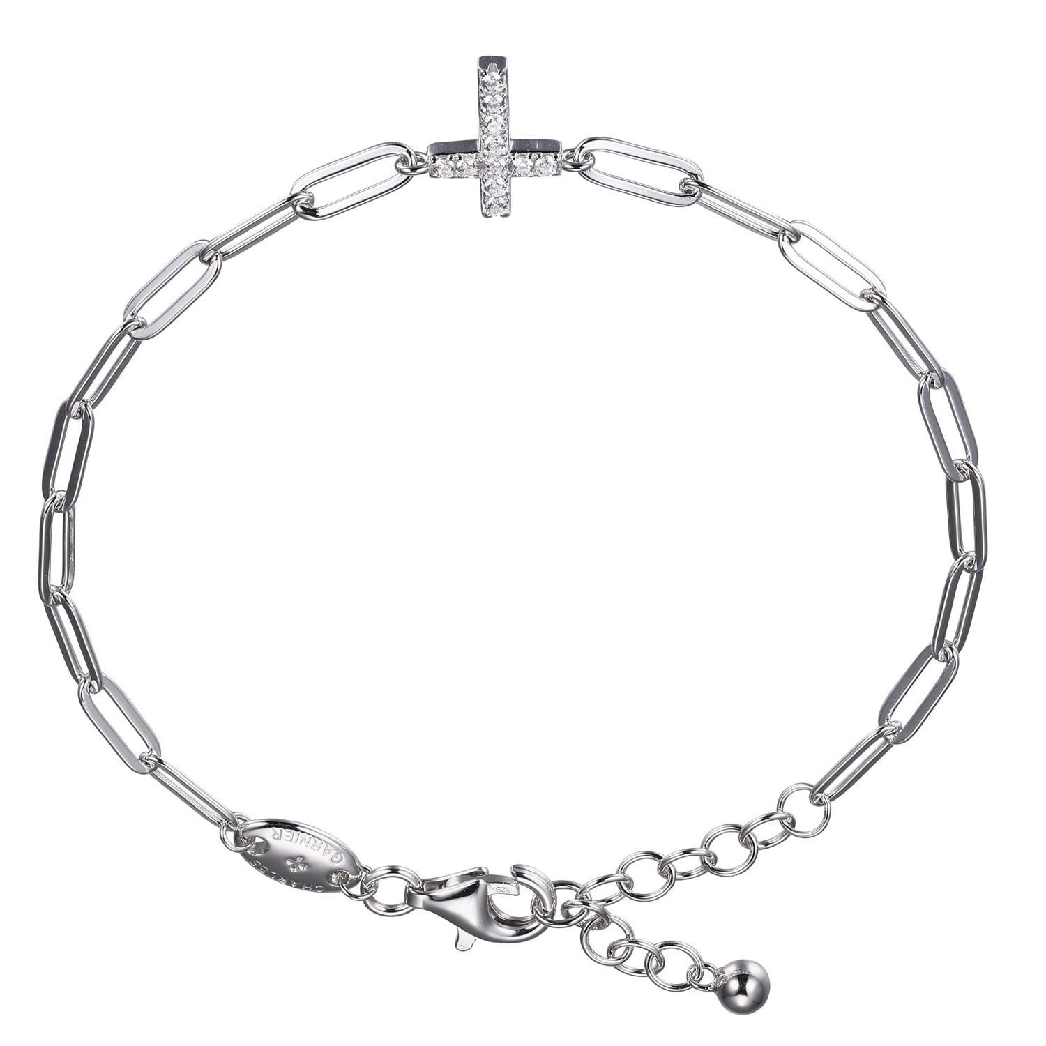 Modern Sterling Silver Bracelet Paperclip Chain (3mm) CZ Cross, Rhodium Finish For Sale