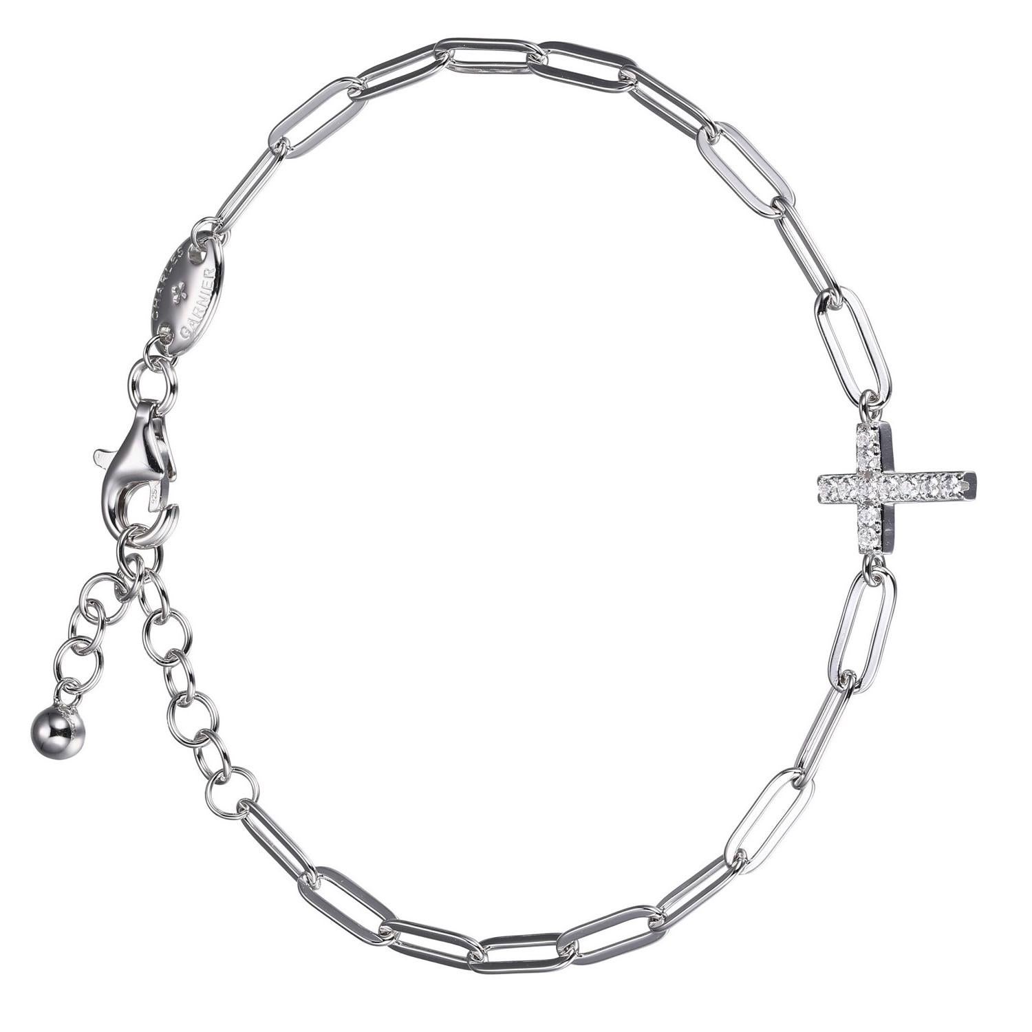 Round Cut Sterling Silver Bracelet Paperclip Chain (3mm) CZ Cross, Rhodium Finish For Sale