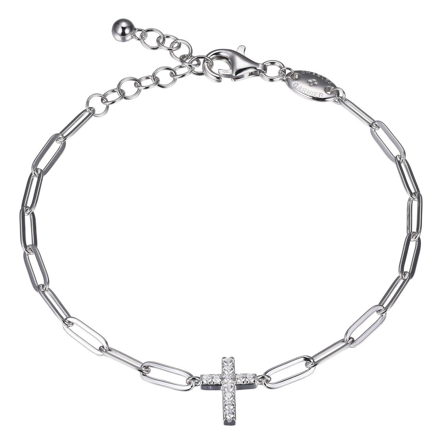 Sterling Silver Bracelet Paperclip Chain (3mm) CZ Cross, Rhodium Finish For Sale