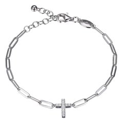 Sterling Silver Bracelet Paperclip Chain (3mm) CZ Cross, Rhodium Finish
