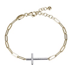 Sterling Silver Bracelet Paperclip Chain (3mm) CZ Cross, Yellow Gold Finish