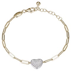 Sterling Silver Bracelet Paperclip Chain (3mm), CZ Heart, Yellow Gold Finish
