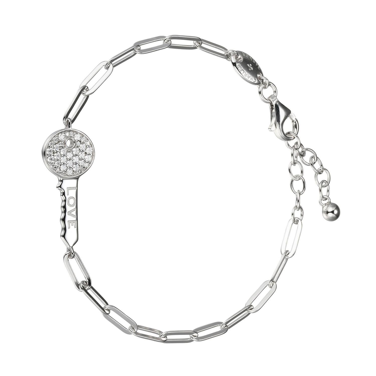 Sterling Silver Bracelet made with Paperclip Chain (3mm) and CZ Love Key (24x12mm) in Center, Measures 6.75